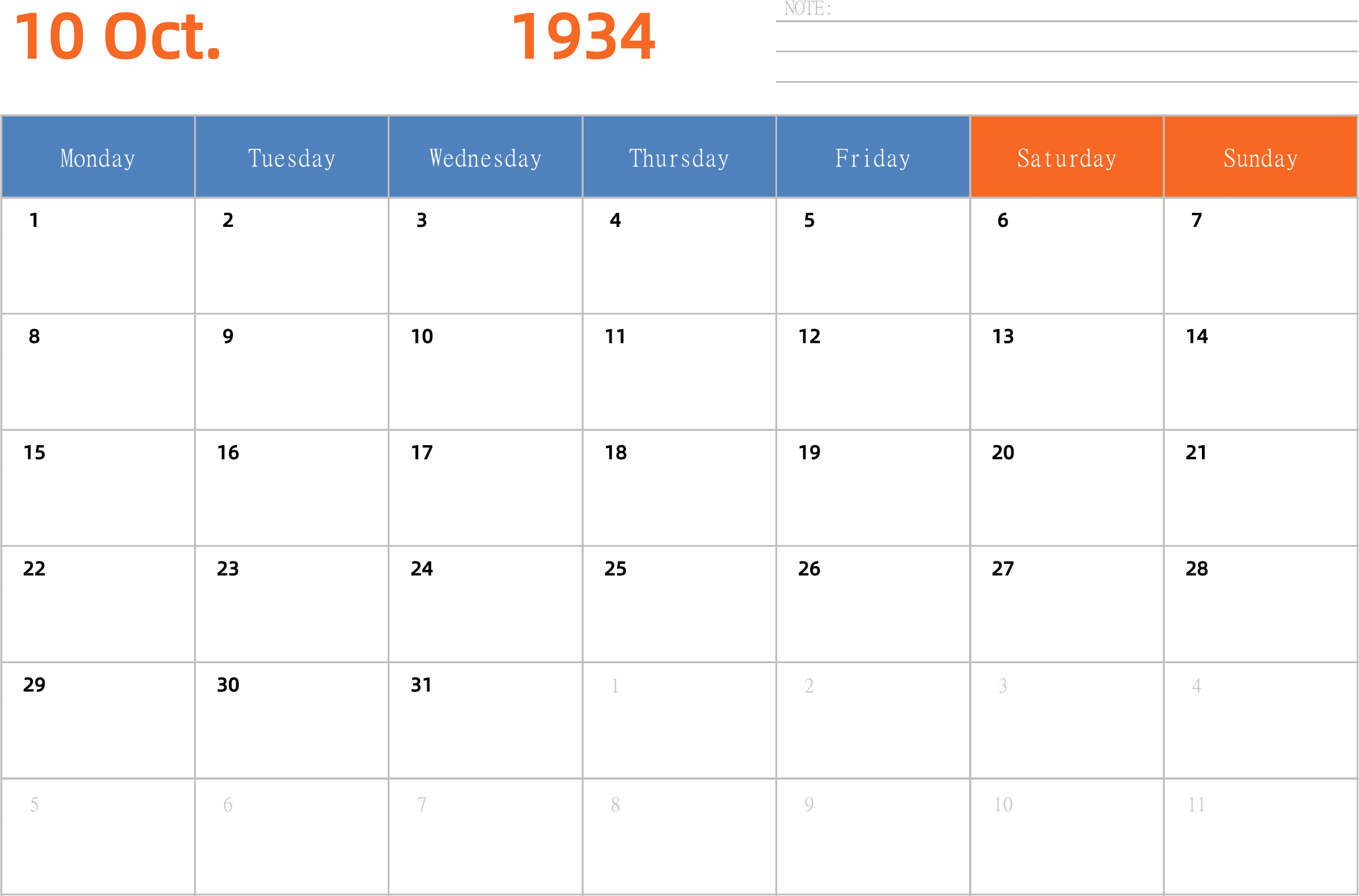 日历表1934年日历 英文版 横向排版 周一开始